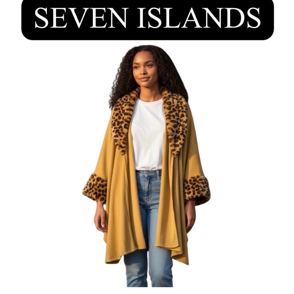 Beige & Leopard Print Poncho, EUC
